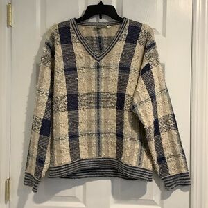 MONDO Vintage Men’s Made In Italy Italian Linen Blend Blue/Ivory Plaid Sweater M